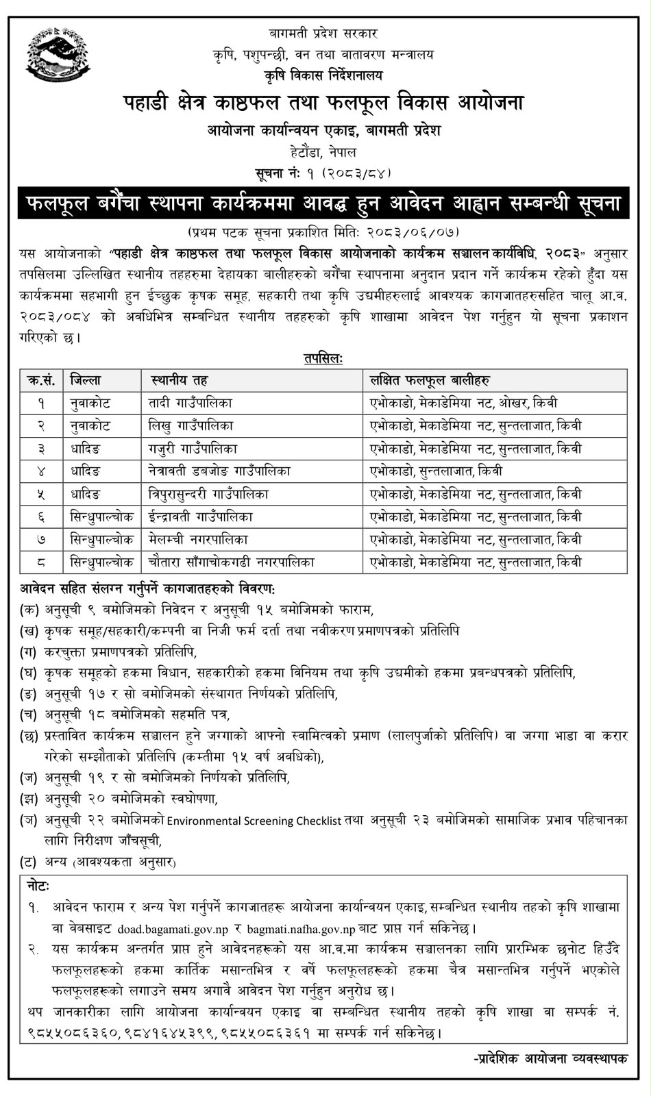 Call for Applications for Fruit Orchard Establishment-Bagmati