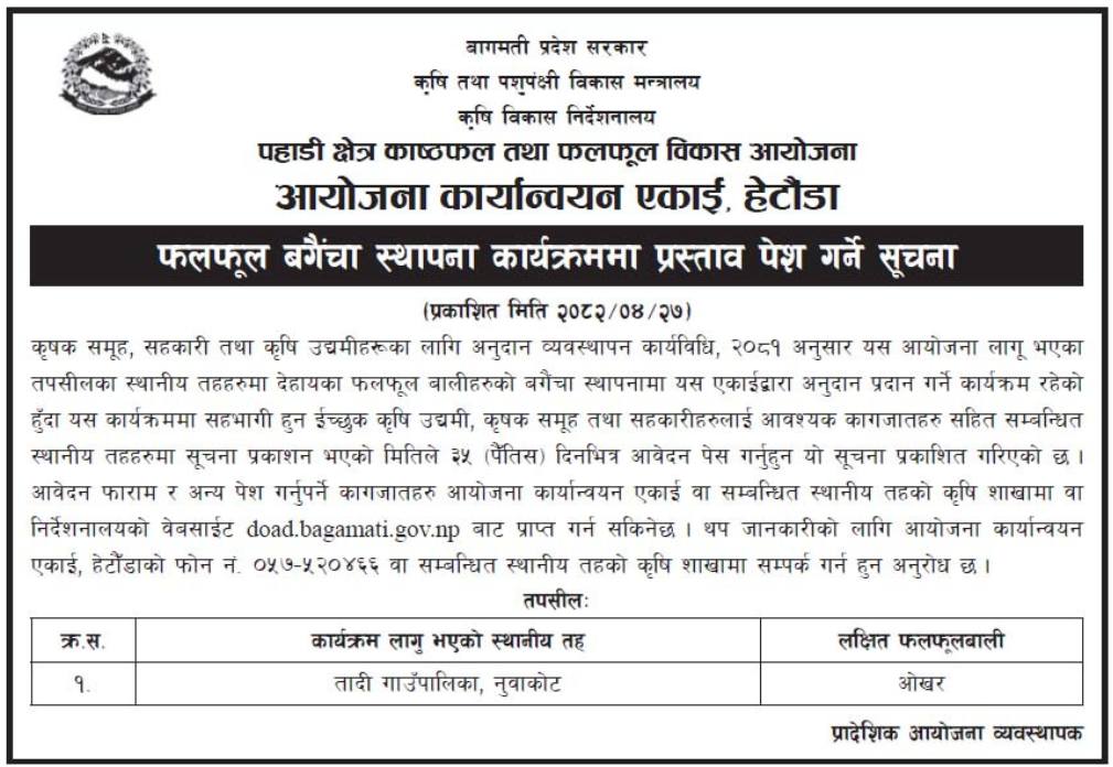 Call for Applications for Fruit Orchard Establishment
